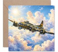 B-17 Flying Fortress Tarjeta de cumpleaños - Nostalgia clásica en tiempos de guerra - Impresionante ilustración pintada de un bombardero vintage volando sobre nubes doradas - 145 mm cuadrado, sobre