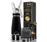 B-ARS Sifón De Cocina Profesional Aluminio 500ML Negro con Boquillas Plásticas Y Acero INOX Cepillo Limpieza Bolsa Accesorios Ideal para Espumas Dulces Y Saladas Nata Mousse Fácil De Usar