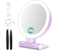B Beauty Planet Espejo de Aumento con luz,30X/1X Espejo de Maquillaje de sobremesa portátil Iluminado de Doble Cara (Morado-30x Espejo de Tocador Iluminado)