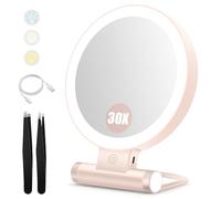 B Beauty Planet Espejo de Aumento con luz,30X/1X Espejo de Maquillaje de sobremesa portátil Iluminado de Doble Cara(Rosa-30x Espejo de Tocador Iluminado)