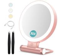 B Beauty Planet Espejo de Aumento con luz,30X/1X Espejo de Maquillaje de sobremesa portátil Iluminado de Doble Cara(Oro rosa-30x Espejo de Tocador Iluminado)