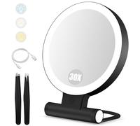 B Beauty Planet Espejo de Aumento con luz,30X/1X Espejo de Maquillaje de sobremesa portátil Iluminado de Doble Cara (Negro-30x Espejo de tocador Iluminado)