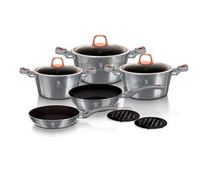 B BERLINGER HAUS BERLINGERHAUS PROFESSIONAL PRECISION AT- 6020 Moonlight Batería Cocina Inducción 10 Piezas,Antiadherente Titanio sin PFOA,Aluminio, Set 3 Cazuelas,2 Salva Manteles, Vitrocerámica,Gris