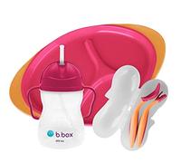 b.box Juego de alimentación | Taza de silicona dividida con plato y 2 cucharas suaves para autodear, babero ajustable fácil de limpiar | batido de fresa