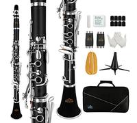 B Clarinete plano para principiantes, estudiante Bb Clarinete 17 llaves niqueladas, clarinete ABS con 2 barriles de soporte rígido 8 boquillas cojín clarinete kit de limpieza (negro)