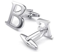 (B) - Honey Bear Mens Initial Alphabet Letter Silver White Steel Wedding Formal Business Cufflinks