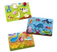 B. juguetes- Peek & Explore paquete de 3 - Dinosaurios marinos de granja- Paquete de 3 rompecabezas gruesos - Rompecabezas de madera - 8 piezas c