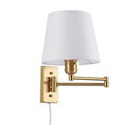 B·LED BARCELONA LED - Lámpara de pared con brazo articulado Dorado y pantalla de tela blanca, con cable e interruptor, ideal para lectura en dormitorio, salón u oficina