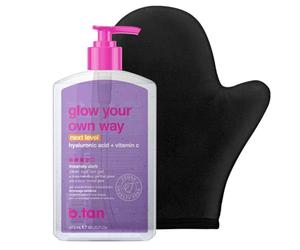 b.tan Kit de gel autobronceador transparente | Next Level Glow Bundle - Sin manchas, secado rápido, loción autobronceadora graduada ultra oscura sin sol, con guante de bronceado