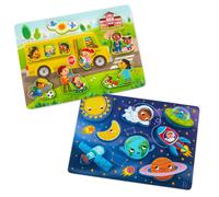 B. Toys- Peek & Explore 2-Pack- Outer Space & School Bus- Chunky Puzzle Pack- Rompecabezas para nios nios para nios- 8 piezas cada una- 2 aos