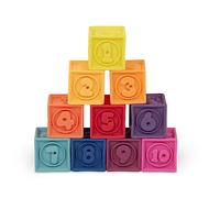 Battat B. toys - One Two Squeeze Blocks - Bloques de construcción para niños - Juguetes educativos para bebés de 6 meses en adelante, con números, formas, animales y texturas - 10 bloques suaves apilables (BX1002Z)