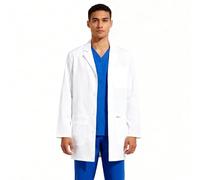 B-well LEONARDO Bata de laboratorio para hombre - Bata médica con elástico, correa para identificación y bolsillos, bata de trabajo médica transpirable para clínica, laboratorio y práctica, Blanco, L