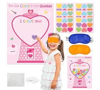 B1ykin Juego de fiesta del día de San Valentín para niños - Pin the Candy on the Gumball Machine con 54 calcomanías de corazón, póster de juegos de calcomanías "I Chews You" para actividades de San