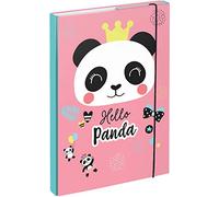 Baagl Carpeta para bolsas escolares A4 - Carpeta para niños con banda elástica y solapas internas - Carpeta con goma elástica para niñas (Panda)