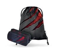 Baagl Estuche y bolsa de deporte Set de 2 piezas para niños y niñas, estuche escolar con 3 compartimentos y bolsa de gimnasio resistente, estuche para niños y adolescentes, Volcano, Juego de 2 piezas