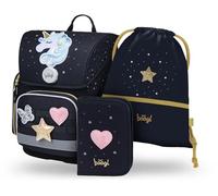 Baagl Juego de 3 mochilas escolares Ergo para 1ª clase, mochila ergonómica para escuela primaria con correa para el pecho, Unicorn Gold, Juego de mochila escolar