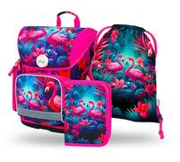 Baagl Juego de 3 mochilas escolares Ergo para 1ª clase, mochila ergonómica para escuela primaria con correa para el pecho, Flamingos, Juego de mochila escolar