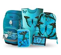 Baagl Juego de 5 mochilas escolares para niños Airy Plus para 1ª clase, estuche, bolsa de gimnasio, delantal, bolsa de pecho, mochila escolar ergonómica, 25 l, mariposa, L, Ultraligero