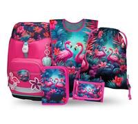 Baagl Juego de 5 mochilas escolares para niños Airy Plus para 1ª clase, estuche, bolsa de gimnasio, delantal, bolsa de pecho, mochila escolar ergonómica, 25 l, Flamingo., L, Ultraligero