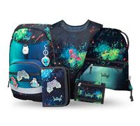 Baagl Juego de 5 mochilas escolares para niños Airy Plus para 1ª clase, estuche, bolsa de gimnasio, delantal, bolsa de pecho, mochila escolar ergonómica, 25 l, Chill, L, Ultraligero