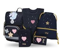 Baagl Juego de 5 mochilas escolares para niños y niñas (mochila escolar Ergo para 1ª clase, estuche, bolsa de gimnasio, delantal, bolsa de pecho), mochila escolar ergonómica, 19 l, Unicorn Gold, Juego