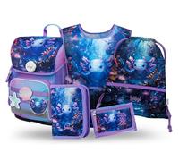 Baagl Juego de 5 mochilas escolares para niños y niñas (mochila escolar Ergo para 1ª clase, estuche, bolsa de gimnasio, delantal, bolsa de pecho), mochila escolar ergonómica, 19 l, Axolotl