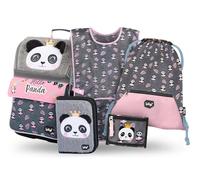 Baagl Juego de 5 mochilas escolares para niños y niñas (mochila escolar Zippy para 1ª clase, estuche, bolsa de gimnasio, delantal, bolsa de pecho), mochila escolar ergonómica, 18 l, panda, Mittelgroße