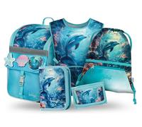 Baagl Juego de 5 mochilas escolares para niños y niñas (mochila escolar Zippy para 1ª clase, estuche, bolsa de gimnasio, delantal, bolsa de pecho), mochila escolar ergonómica, 18 l, Delfin