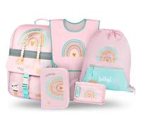 Baagl Juego de 5 mochilas escolares para niños y niñas (mochila escolar Zippy para 1ª clase, estuche, bolsa de gimnasio, delantal, bolsa de pecho), mochila escolar ergonómica, 18 l, arcoiris