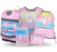 Baagl Juego de 5 mochilas escolares para niños y niñas (mochila escolar Zippy para 1ª clase, estuche, bolsa de gimnasio, delantal, bolsa de pecho), mochila escolar ergonómica, 21 l, Unicornio Arco