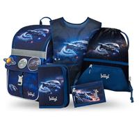 Baagl Juego de 5 mochilas escolares para niños y niñas (mochila escolar Zippy para 1ª clase, estuche, bolsa de gimnasio, delantal, bolsa de pecho), mochila escolar ergonómica, 18 l, Space Ship