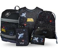 Baagl Juego de 5 mochilas escolares para niños y niñas (mochila escolar Zippy para 1ª clase, estuche, bolsa de gimnasio, delantal, bolsa de pecho), mochila escolar ergonómica, 21 l, Pixel Space