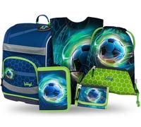 Baagl Juego de 5 mochilas escolares para niños y niñas (mochila escolar Zippy para 1ª clase, estuche, bolsa de gimnasio, delantal, bolsa de pecho), mochila escolar ergonómica, 21 l, Balón de fútbol