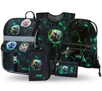 Baagl Juego de 5 mochilas escolares para niños y niñas (mochila escolar Zippy para primer grado, estuche, bolsa de gimnasio, delantal, bolsa para el cuello), mochila escolar ergonómica, 18 L, dragón
