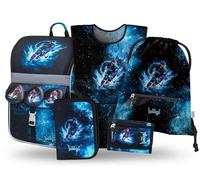 Baagl Juego de 5 mochilas escolares para niños y niñas (mochila escolar Zippy para primer grado, estuche, bolsa de gimnasio, delantal, bolsa para el cuello), mochila escolar ergonómica, 18 L, Ice