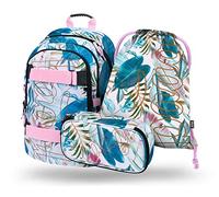 Baagl Juego de mochila escolar para niña, 3 piezas, mochila escolar a partir de 3ª clase, mochila escolar con correa para el pecho, mochila ergonómica (Skate Leafs), Skate Leafs