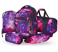 Baagl Juego de mochila escolar para niños y niñas y adolescentes, 5 piezas, (mochila skate Max, estuche, bolsa de deporte, riñonera), mochila escolar ergonómica, 30 l (Galaxy)