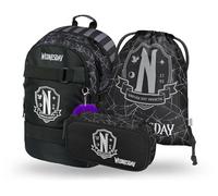 Baagl Juego de mochila escolar para niños y niñas, 3 piezas, mochila escolar a partir de 3ª clase, mochila escolar con correa para el pecho, mochila ergonómica, Wednesday Nevermore, 25 Liter