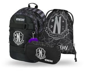 Baagl Juego de mochila escolar para niños y niñas, 3 piezas, mochila escolar a partir de 3ª clase, mochila escolar con correa para el pecho, mochila ergonómica, Wednesday Nevermore, 25 Liter