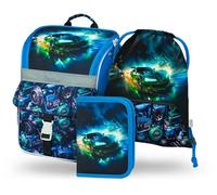 Baagl Mochila escolar para niños y niñas, 3 piezas, mochila escolar Zippy para 1ª clase, mochila escolar primaria con correa para el pecho, mochila escolar ergonómica, Coche de carreras, Juego de