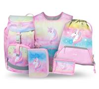 Baagl Mochila escolar para niños y niñas, juego de 5 piezas (mochila escolar Airy para 1ª clase, estuche, bolsa de gimnasio, delantal, bolsa de pecho), mochila escolar ergonómica, 16,5 l, Rainbow