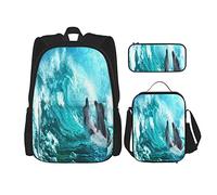 BAAROO Conjunto de 3 piezas Mochilas Azul Mar Enormes Ondas Océano Animal Tropical Peces Juguetón Surf Verano Hawaii Tema Natural exótico, color, 5.0cm*10.5cm*20.5cm, Estuche para lápices