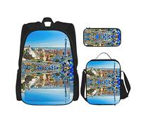 BAAROO España Agua Ciudad Mochila+Bolsa de Almuerzo+Estuche Conjunto Combinación, Lona de Poliéster Impreso para la Escuela Trabajo Viajes, color, 5.0cm*10.5cm*20.5cm, Estuche para lápices