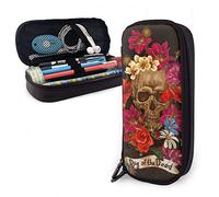 BAAROO Estuche de cuero para lápices, diseño de calavera de azúcar con rosas rojas, organizador de escritorio negro, estuche de lápices de gran capacidad, estuche duradero para ADU, color,