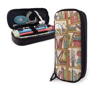 BAAROO Estuche de cuero para lápices Nerd Book Lover Kitty durmiendo sobre estantería en biblioteca organizador de escritorio de gran capacidad con cremallera Pe, color, 5.0cm*10.5cm*20.5cm, Estuche