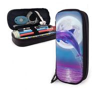 BAAROO Estuche de piel con diseño de delfín saltando bajo la luz de la luna, morado y azul, bolsa duradera de alta capacidad, organizador de papelería divertido para, color, 5.0cm*10.5cm*20.5cm, Estuche para lápices
