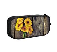 BAAROO Estuche rústico de girasol sobre tablón de madera, compartimentos para bolígrafos, caja multifuncional para maquillaje, organizador de papelería de almacenamiento grande con cremallera para