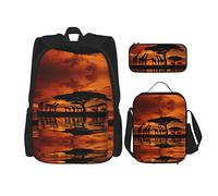 BAAROO Jirafa bajo el árbol en África Mochila+bolsa de almuerzo + estuche combinado, lona de poliéster impresa para el trabajo escolar, color, 5.0cm*10.5cm*20.5cm, Estuche para lápices