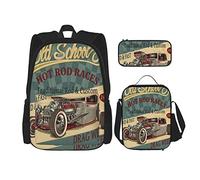 BAAROO Juego de 3 mochilas automotrices vintage Hot Rod Car Book Bag Travel Camping Work School Bag Pencil Case Lunch Bag Combi, color, 5.0cm*10.5cm*20.5cm, Estuche para lápices