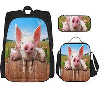 BAAROO Juego de 3 mochilas con diseño de cerdos jóvenes en la granja mirando sobre la valla, bolsa escolar, estuche para lápices, bolsa de almuerzo, combinación de St, color, 5.0cm*10.5cm*20.5cm,